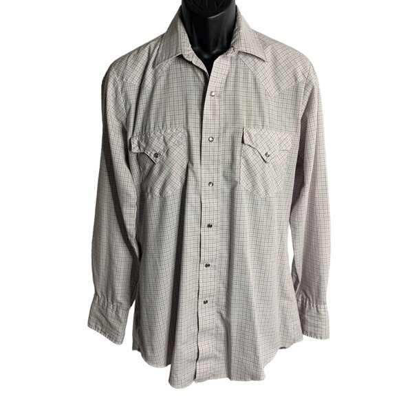 Vintage 80s Tem Tex Western Pearl Snap Shirt M Grey Check Long Sleeve Pockets - Picture 1 of 6
